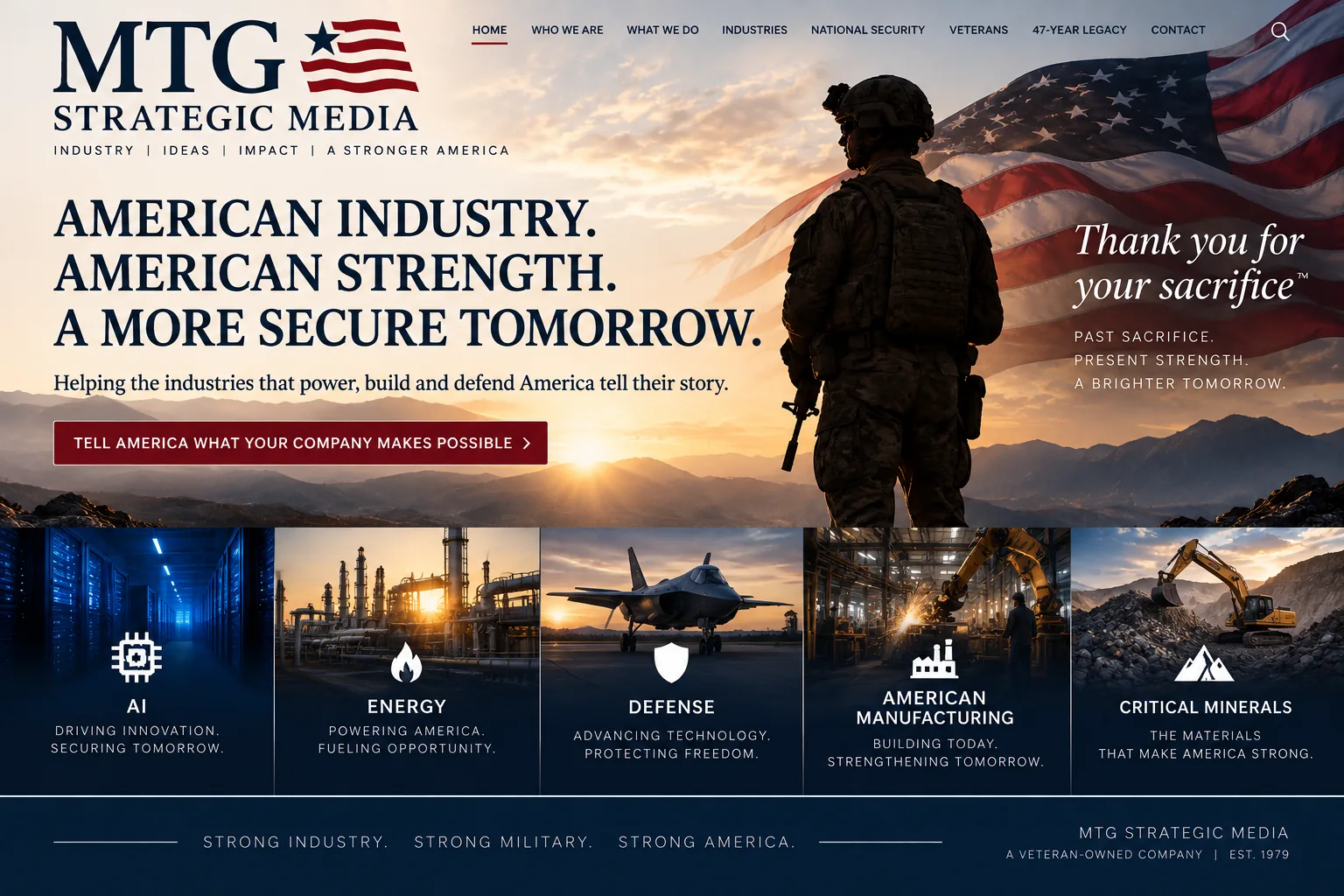 Original MTG Strategic Media patriotic website design featuring a soldier, American flag, and American industry sectors